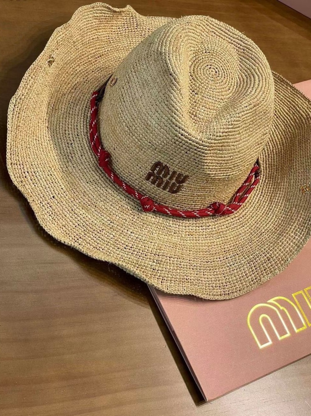 Miu Miu Straw Sun Hat with Red Braided Band